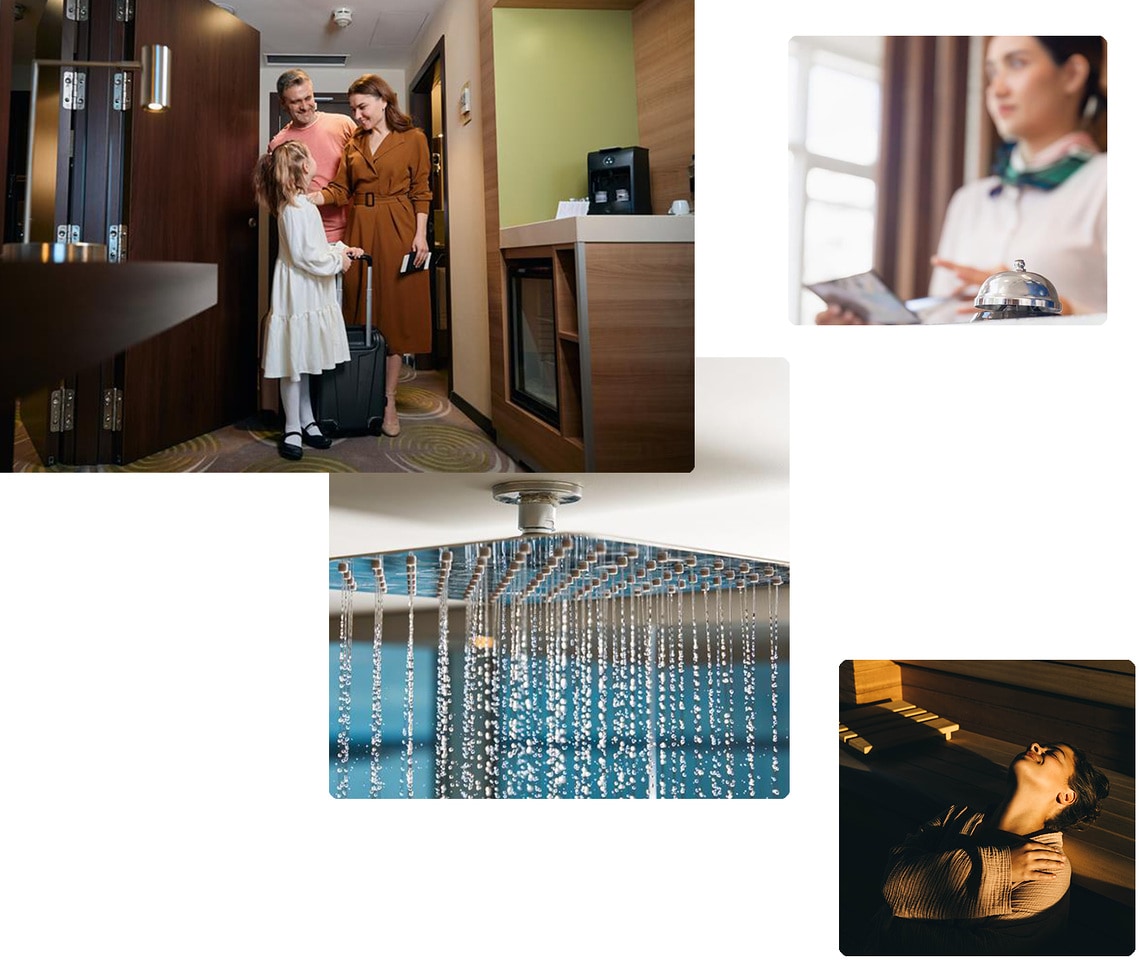 Composing aus Hotel-Spa, Wasseranwendungen und Komfortszenen, das zeigt, wie Wilo-Lösungen Wasserdruck, Warmwasserkomfort, Hygiene, Betriebssicherheit und Nachhaltigkeit im Hotel verbessern