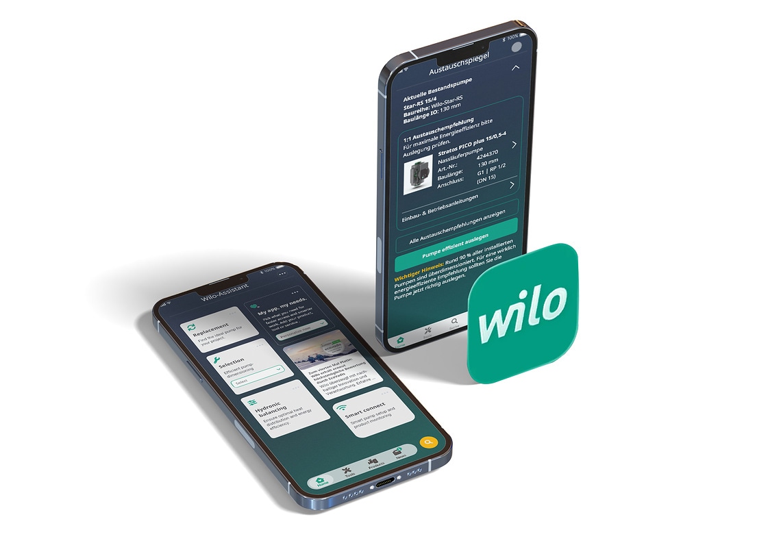 Smartphone-Bildschirm mit geöffneter Wilo-Assistent App. Die App-Oberfläche zeigt eine übersichtliche Navigation mit Pumpeninformationen, Einstellungen und Servicefunktionen zur Unterstützung bei Installation, Betrieb und Wartung sowie dem hydraulischen Abgleich