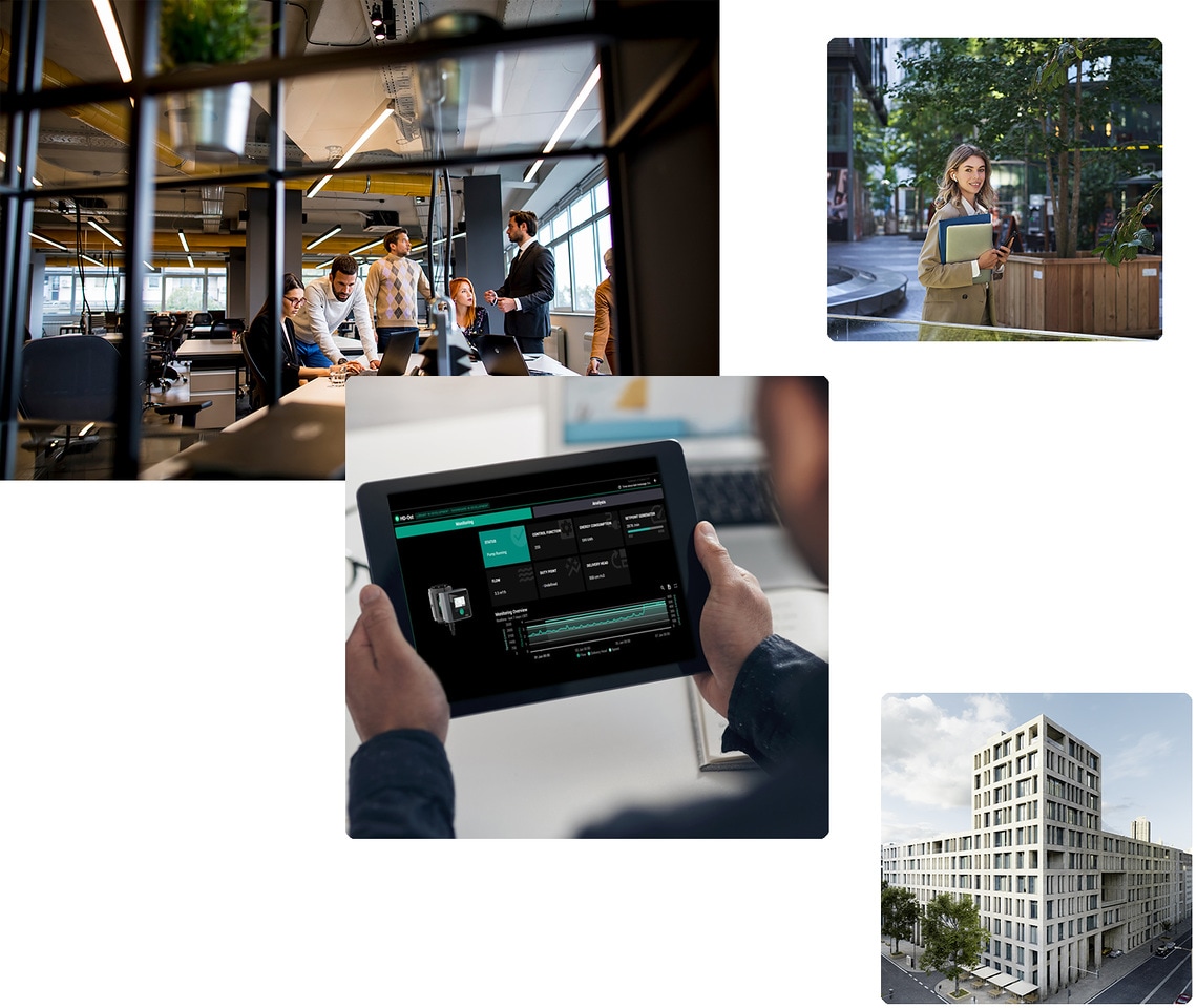 Modern, light-flooded office space with working people, a quiet atmosphere and invisibly integrated building technology for comfortable, productive work.