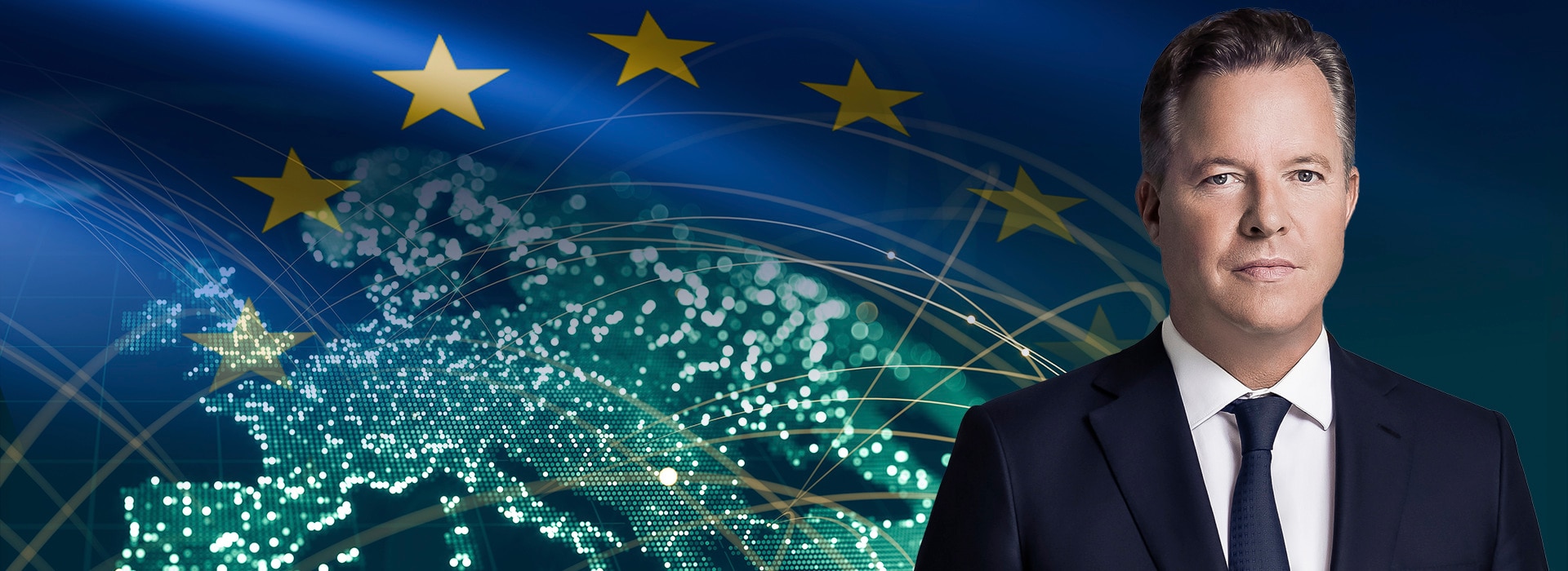 Oliver Hermes in front of a connected world and a European flag