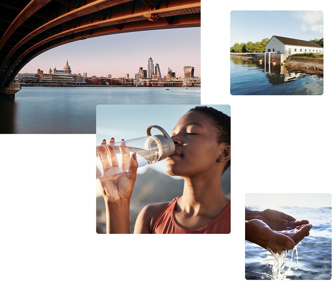 Fließendes Wasser, Menschen in einer Großstadt (London) und eine Frau, die Trinkwasser trinkt – Symbol für sichere Rohwassergewinnung, Versorgungssicherheit und Lebensqualität.