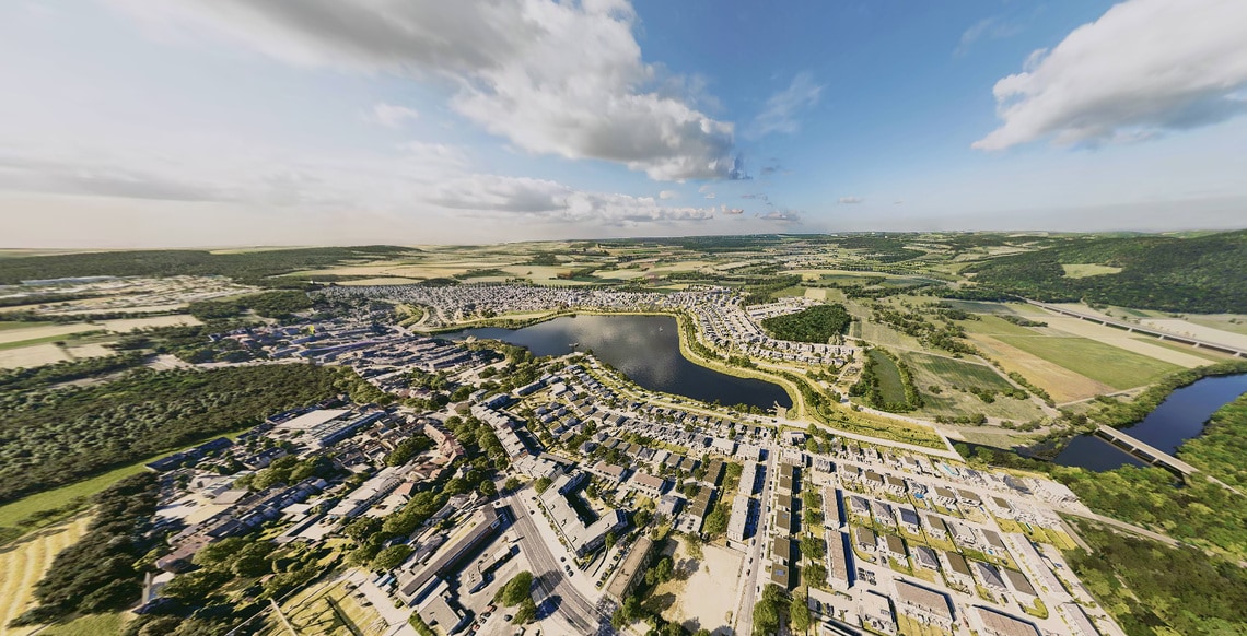 Stadt mit Seen als Wasserentnahmestellen und Trinkwasser-Verteilinfrastruktur für Transport und Aufbereitung im Wasserwerk.