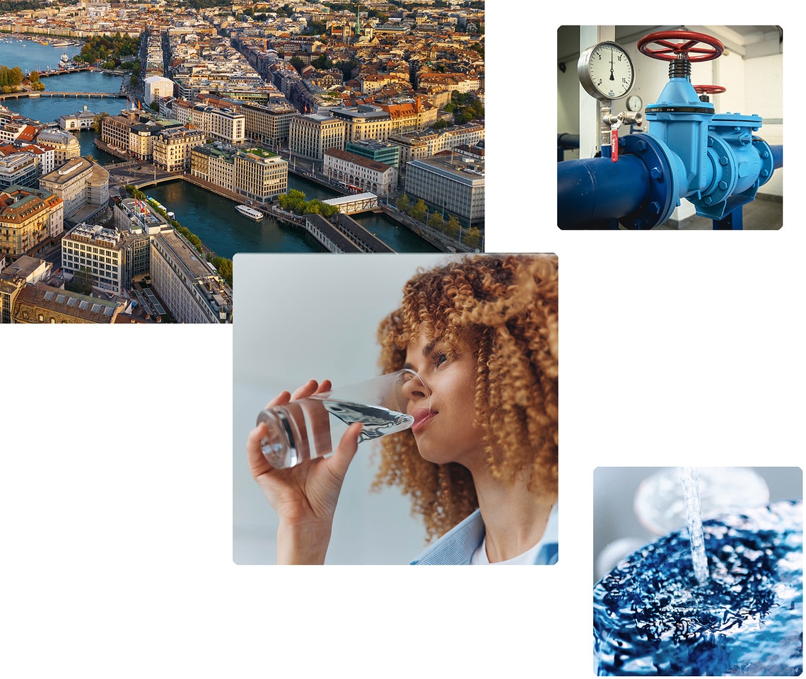 Collage aus Stadtansicht, spielendem Kind und großer Trinkwasserleitung – als Symbol für eine sichere Trinkwasserversorgung.