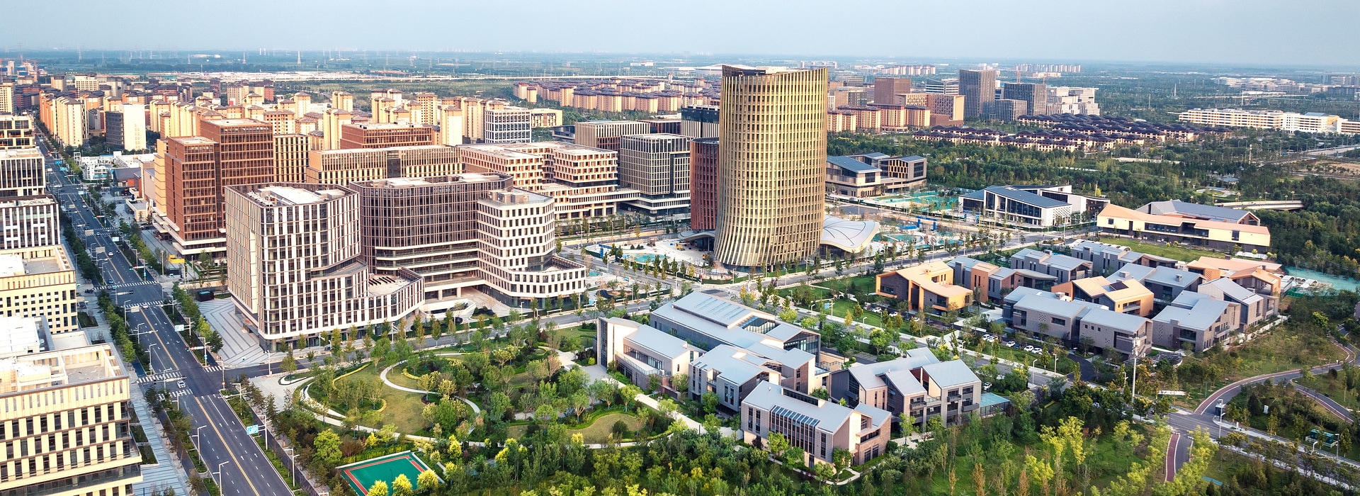 Drone photo of the sunset view of Xiong A new district, a brand new planned city area located in the Baoding city near Beijing, in He Bei Province, China