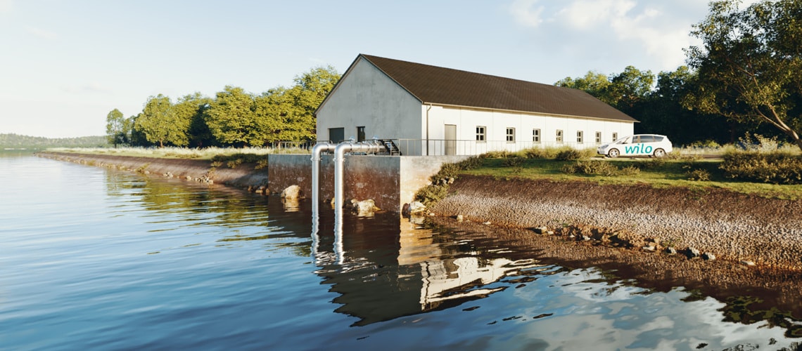 Wasserentnahmestelle für Oberflächenwasser, Außenansicht des Reservoirs für die Oberflächenwasserentnahme mit Wilo-Atmos TERA-SCH und Wilo-EFC-Pumpen