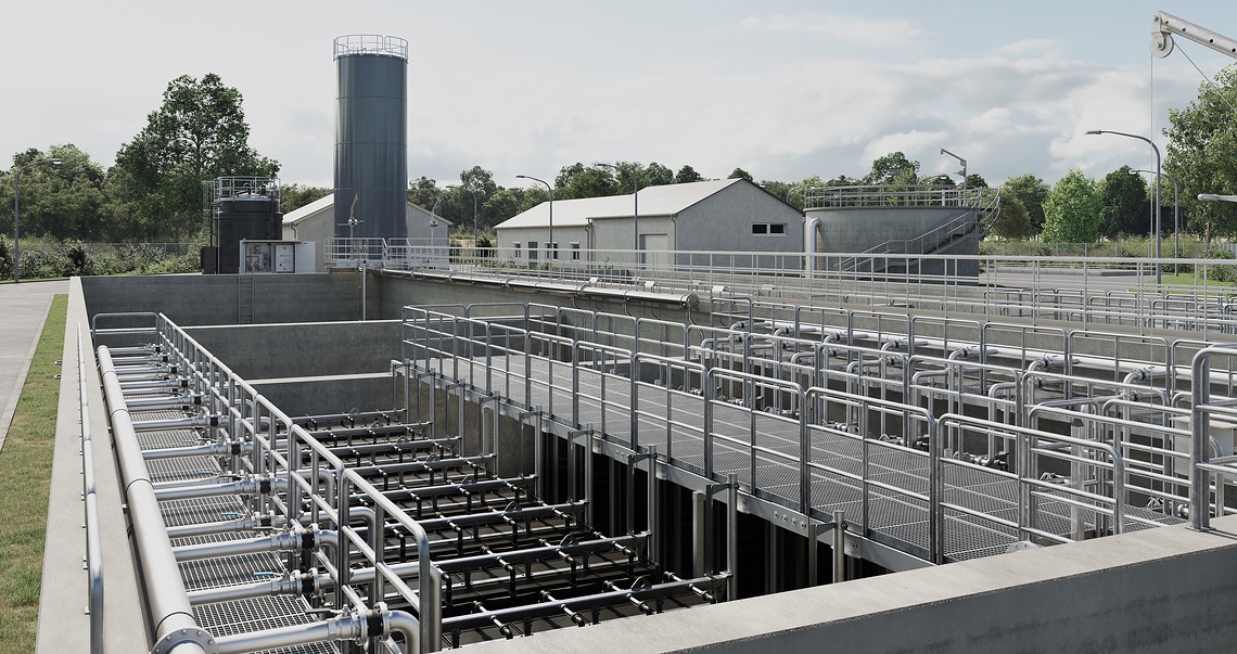 Spurenstoffelimination: Außenansicht einer Kläranlage mit Fokus auf MBR-Filtration – biologische Behandlung mit MBR-Filtration zur Spurenstoffelimination (4. Reinigungsstufe)