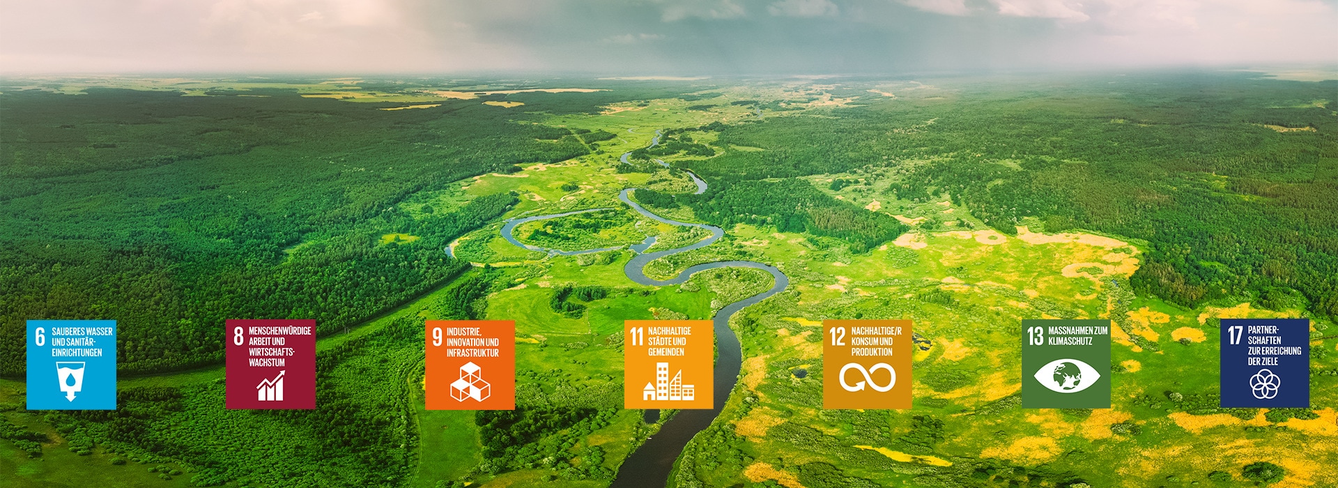 Eine grüne Landschaft mit den Logos der SDGs