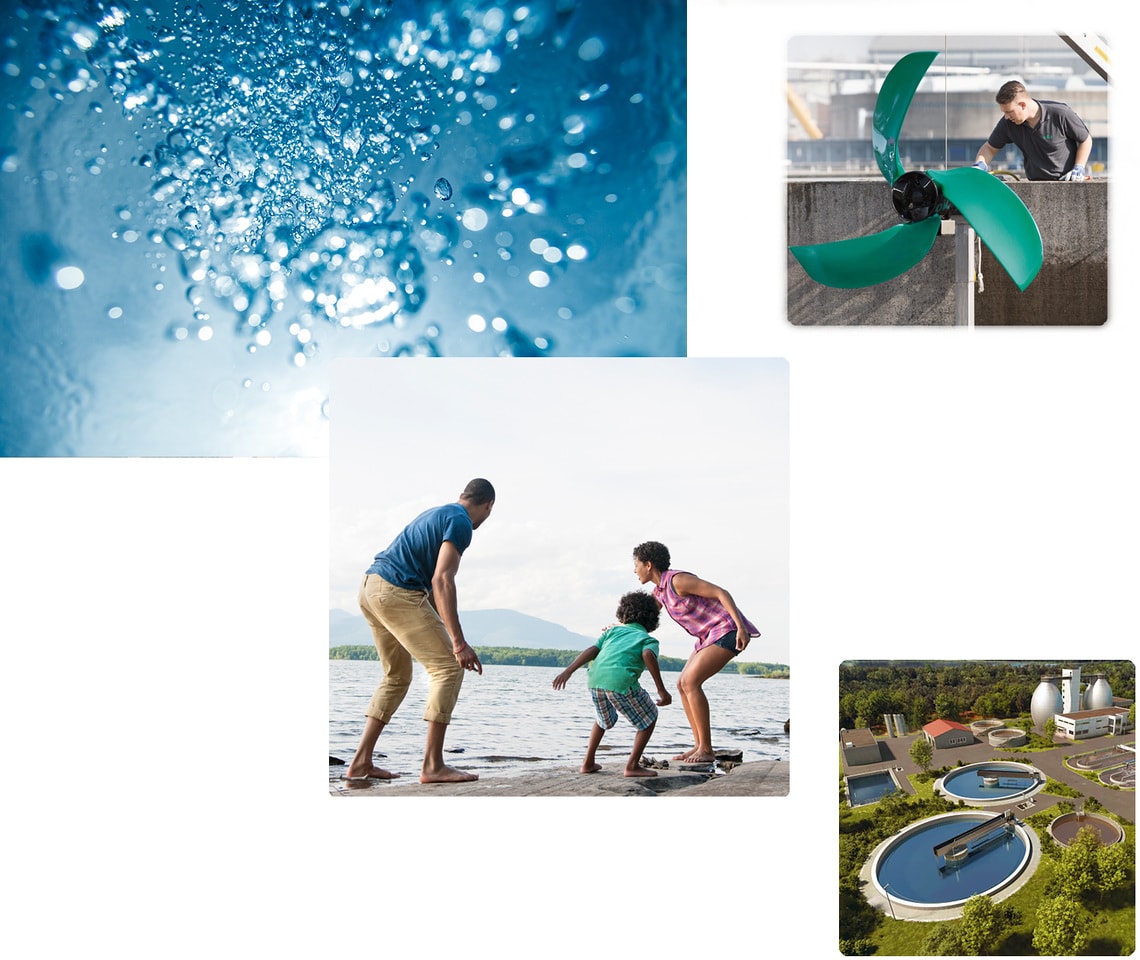 Collage of a family by a lake, flowing water and a sewage treatment plant as a symbol of sustainable water management, water protection and future-proof infrastructure.